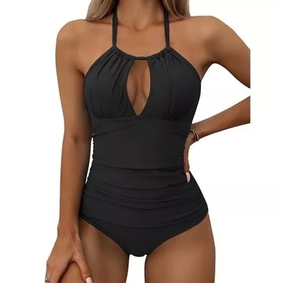 SOLD‼️ Black One Piece Halter Tummy Control Ruching Swimsuit/Bathing Suit | NEW - Picture 1 of 8